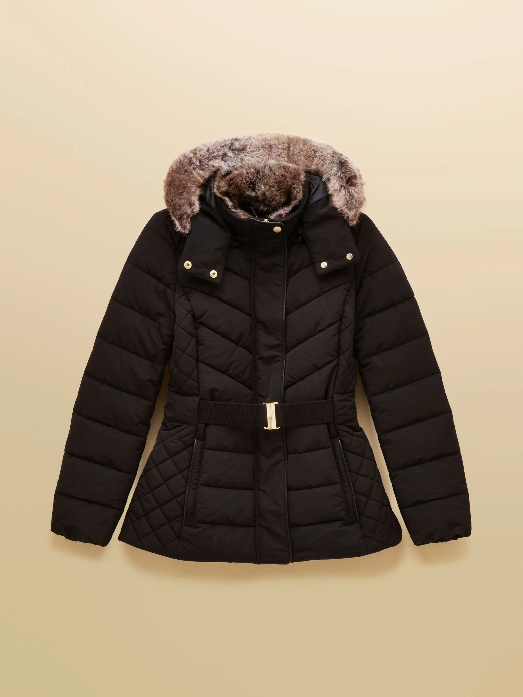 Zwart - Joules Aspen Showerproof Padded Coat with Faux Fur Hood