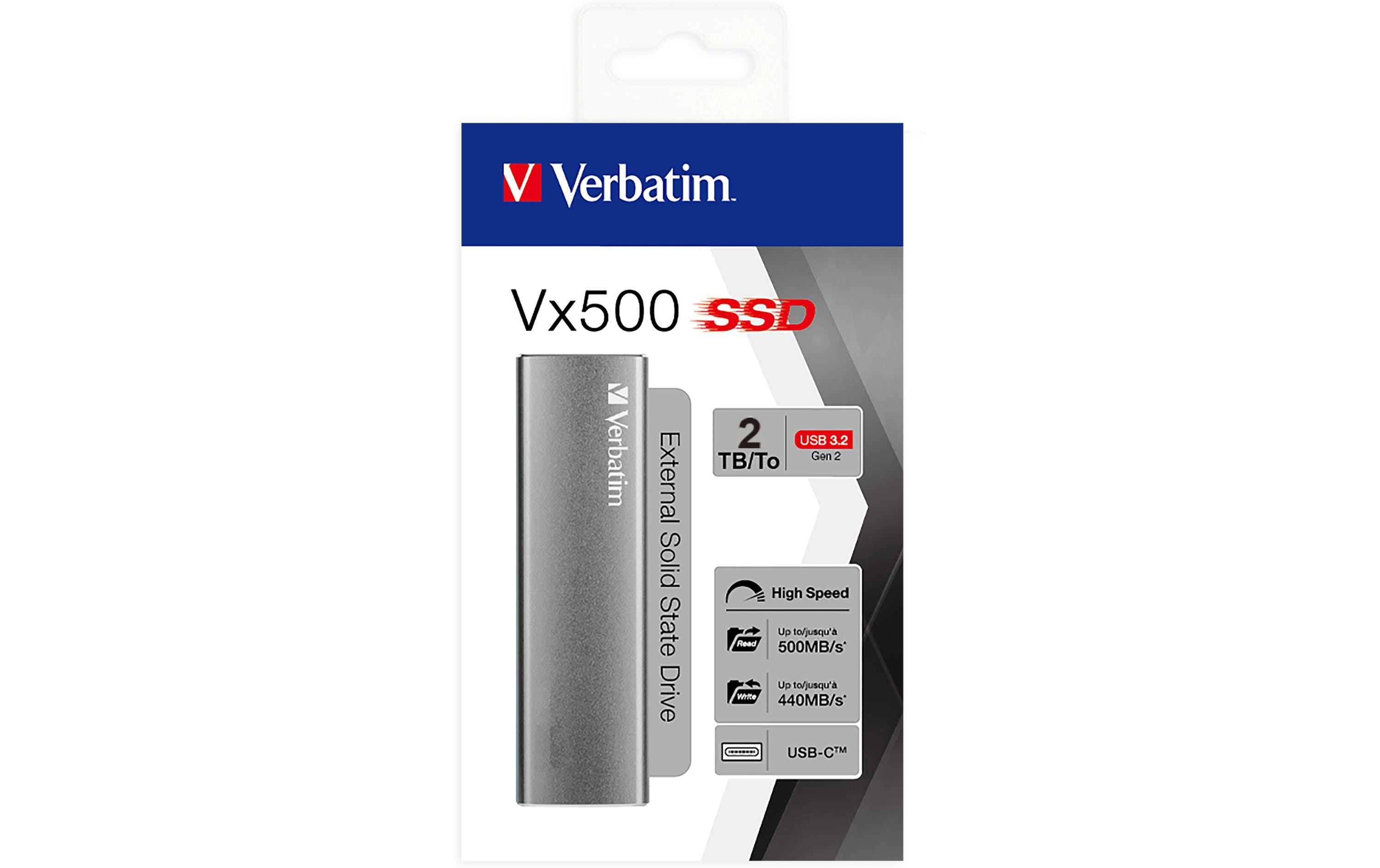Externe SSD VX500 2000 GB<br>Tragbare SSD mit 2 TB, USB 3.2 Gen 2 und Aluminiumgehäuse in Space Grau