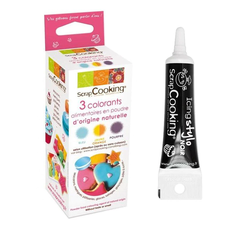 Colorants naturels pourpre-orange-bleu + Stylo de glaçage noir Scrapco