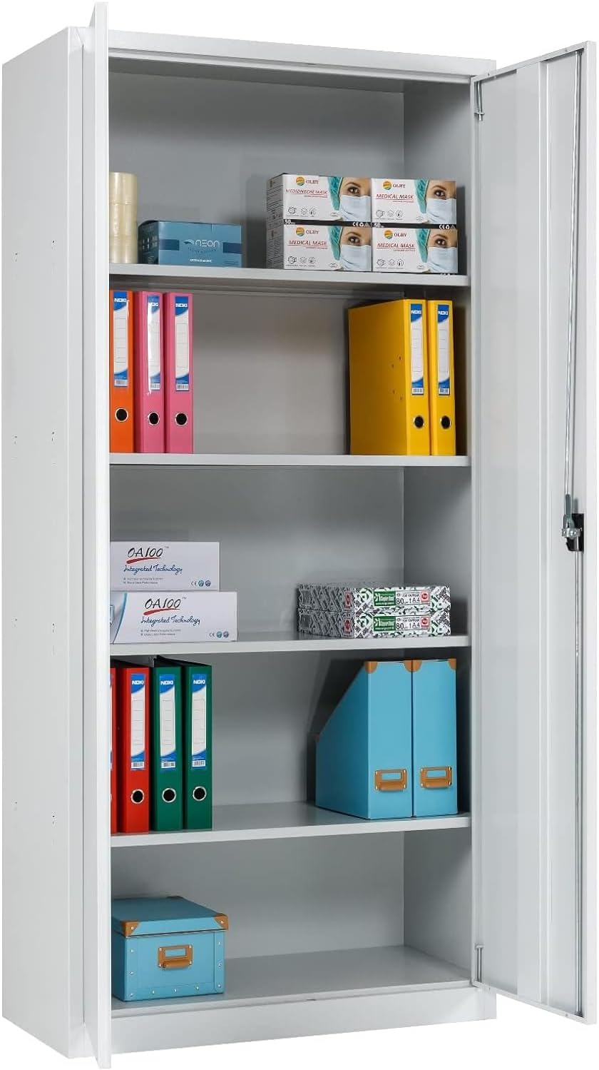 Furni 24 Aktenschrank, fertig montiert, 195x92x42cm, Stahlflügeltürschrank Materialschrank, Abschließbarer Spind, Aktenschrank mit 5 Fächern, Werkzeugschrank, Mehrzweckschrank, Universalschrank, grau