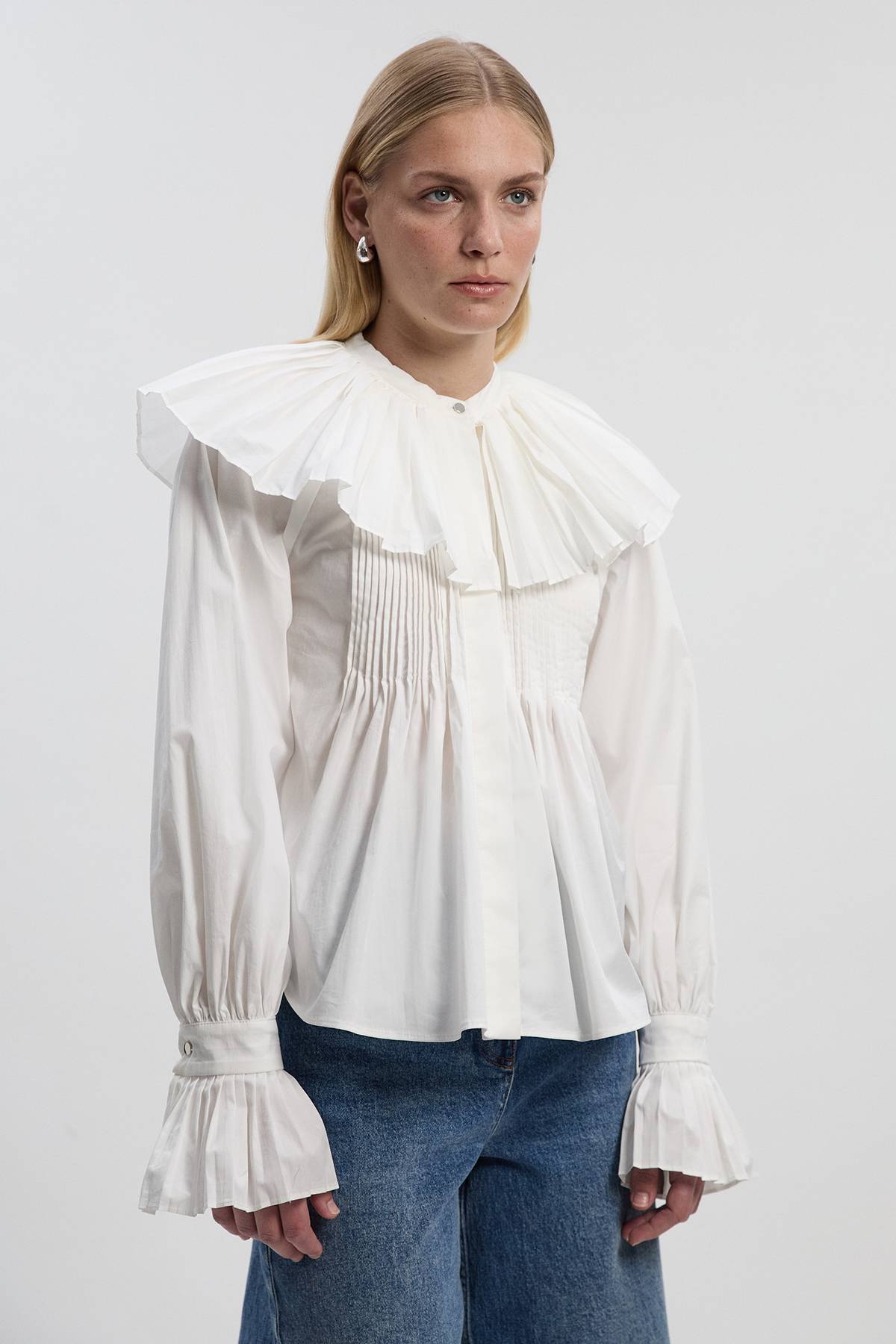 KarenMillen Chemise Tissée en Popeline de Coton avec Détail Plissé