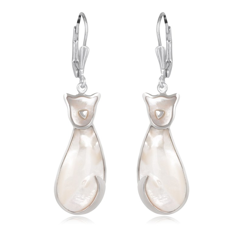 Boucles d'Oreille Chat Nacre Blanche en Argent 925-000