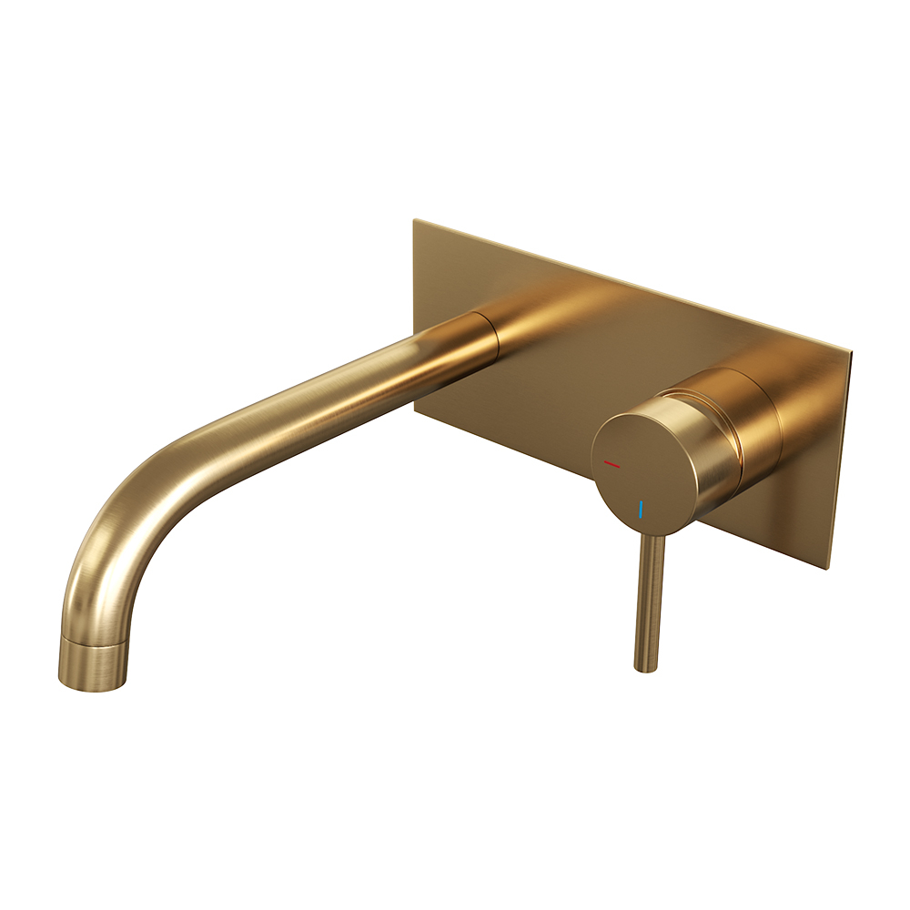 Brauer Gold Edition ColdStart wastafelkraan inbouw gebogen uitloop met achterplaat model A1 geborsteld messing PVD