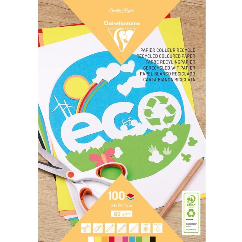 PAPIER COULEUR RECYCLÉ, Bloc de 100 feuilles 80g/m2 au format 21x29,7cm - Assortiment