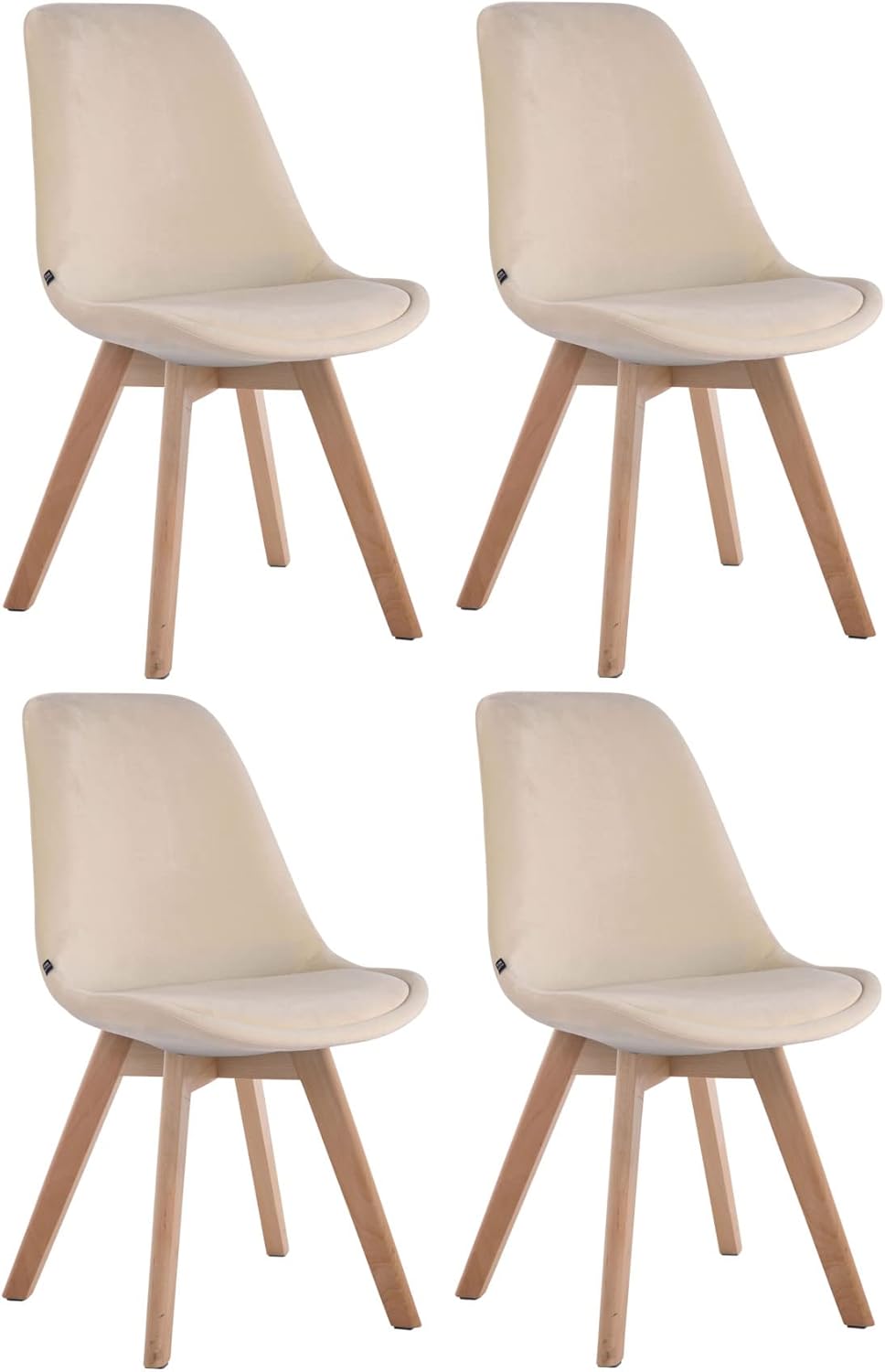 CLP 4er Set Retrostühle Borneo Samt Mit Hochwertiger Polsterung I Lehnstühle mit robustem Holzgestell, Farbe:Creme, Gestell Farbe:Natur