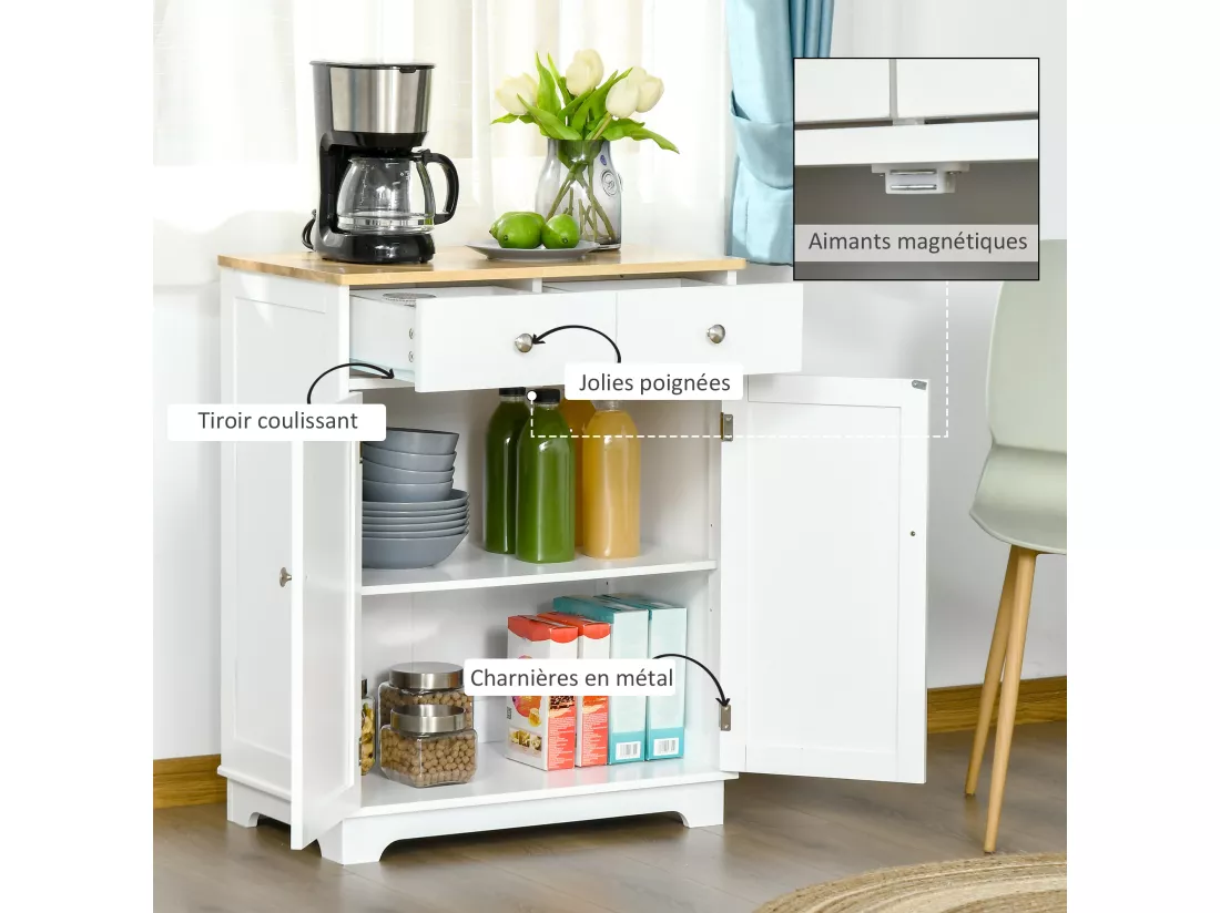 Buffet multi-rangement 2 portes avec étagère réglable 2 tiroirs coulissants MDF plateau bois d'hévéa