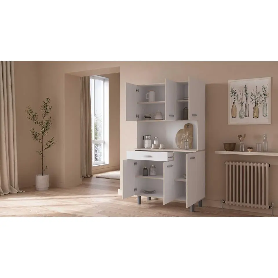 Buffetkast Pavel 185cm hoog - mat wit/acacia met werkblad