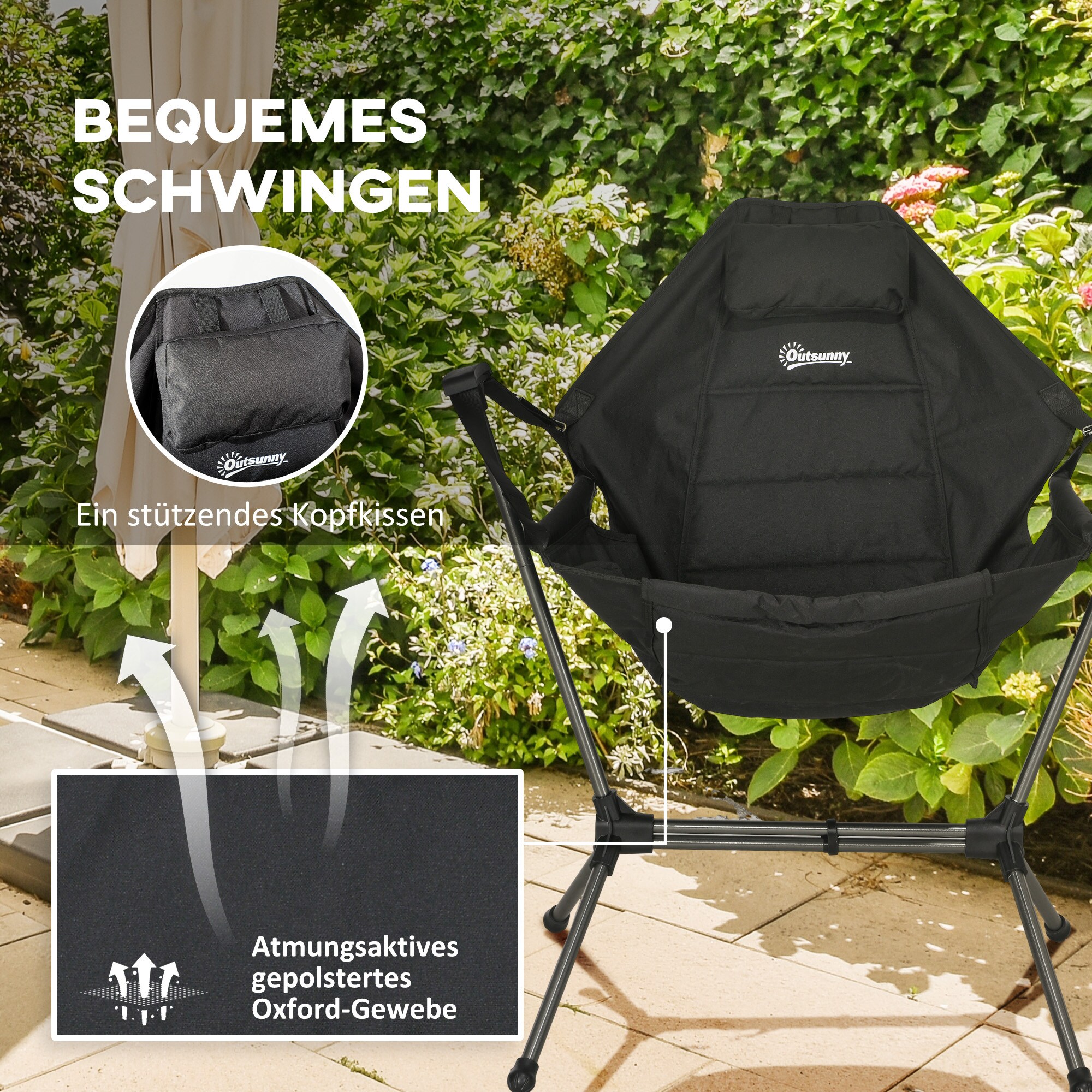 Outsunny Campingstuhl mit Schaukelfunktion schwarz 54L x 100B x 101H cm