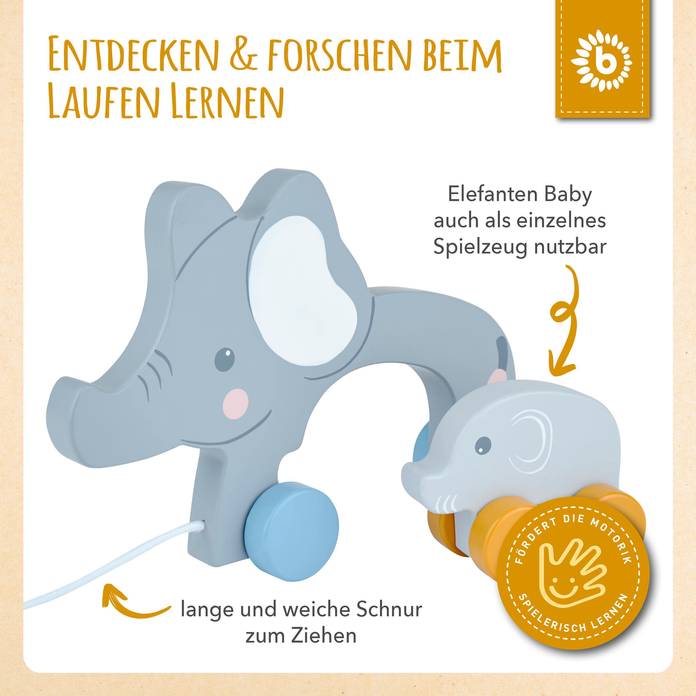 Bieco Nachziehelefanten Holz Tiko - ab 12 Monate Grau