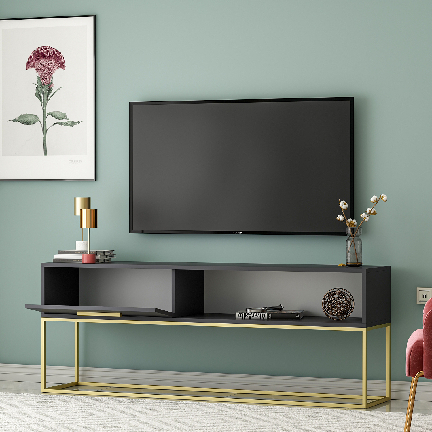 TV-Lowboard - grau-goldfarben - mit Türklappe - 160 cm
