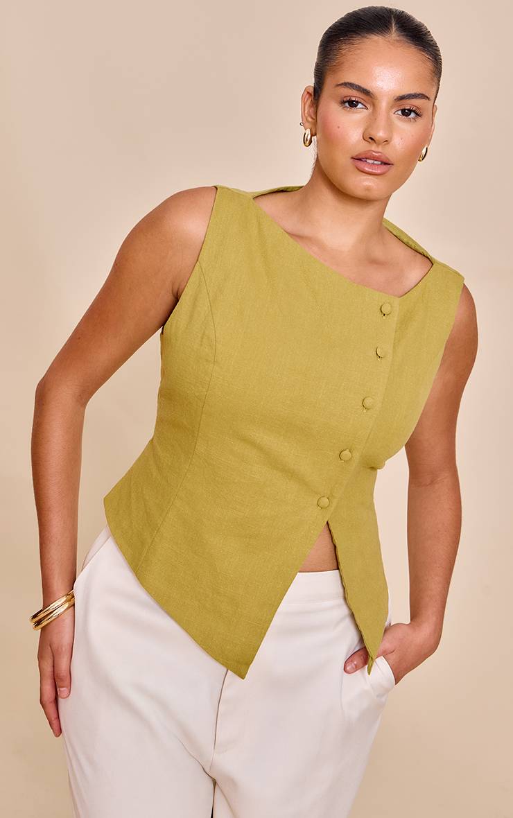 Vert Olive Gilet Sans Manches Grande Taille En Lin Premium Olive Asymétrique Avec Boutons