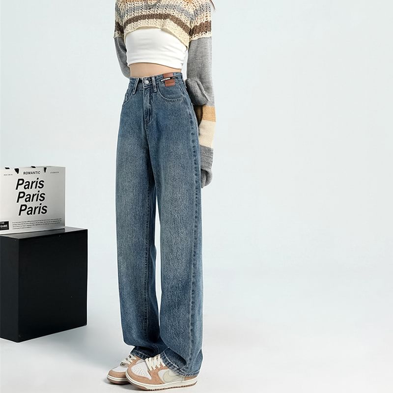 Rosesand - Hoge taille gewassen rechte jeans met wijde pijpen
