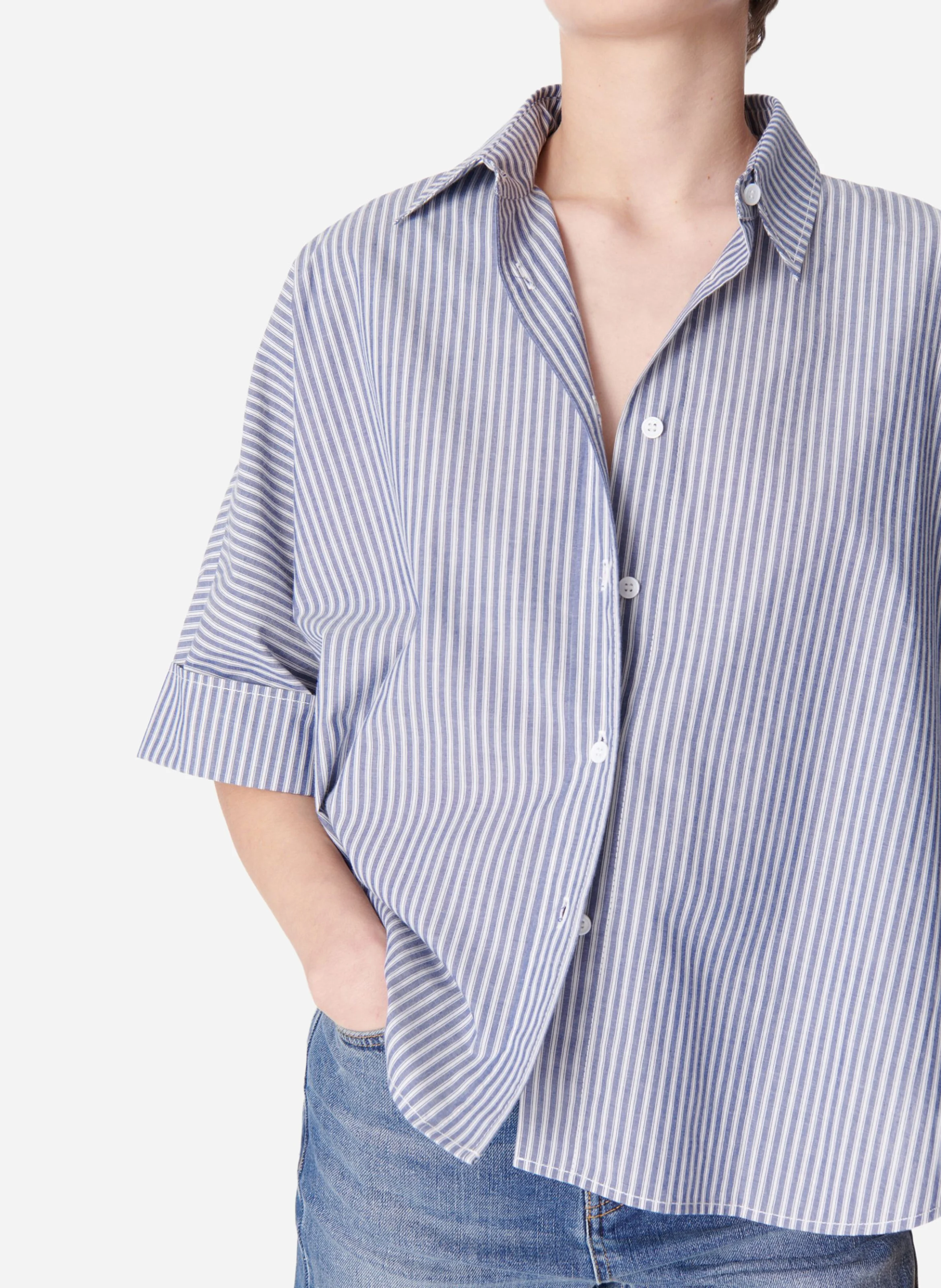 BOBBY - Chemise cropped manches courtes à rayures| Bleu