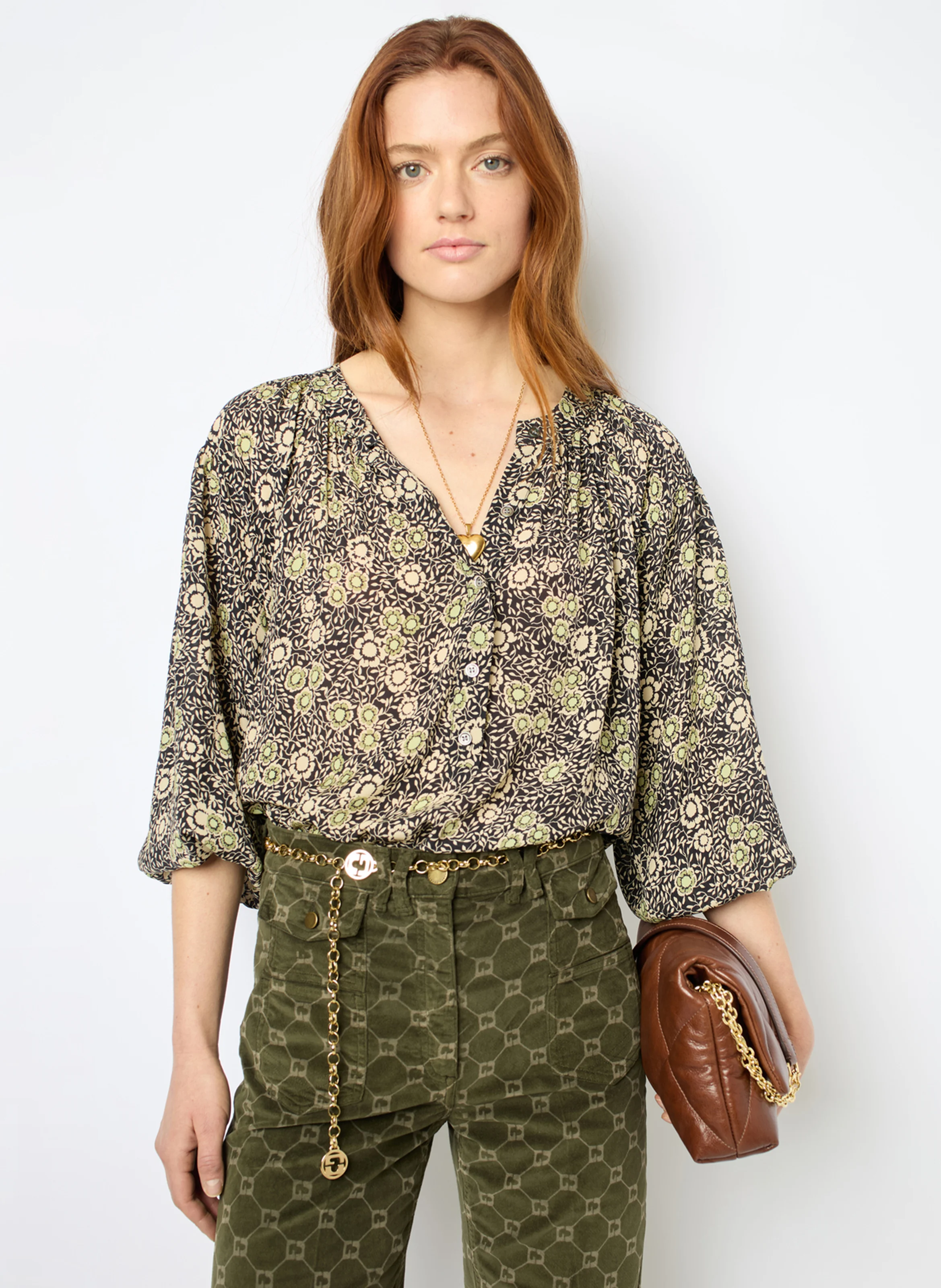 ADENA - Blouse ample col rond à imprimé | Kaki