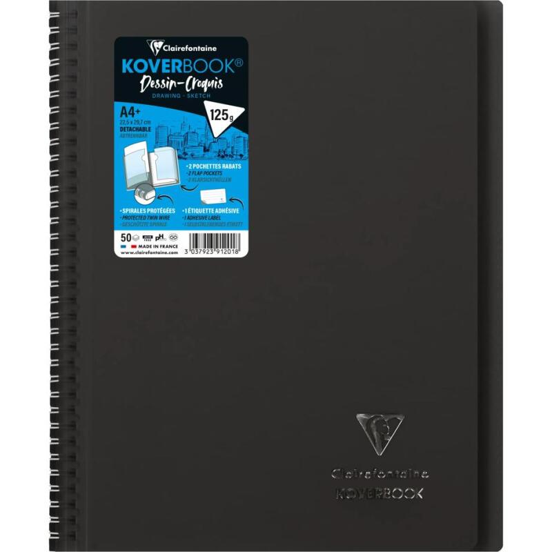 Cahier dessin/croquis Koverbook reliure intégrale enveloppante A4+ 100 pages papier blanc 125 g couverture polypropylène transparent - Assortis