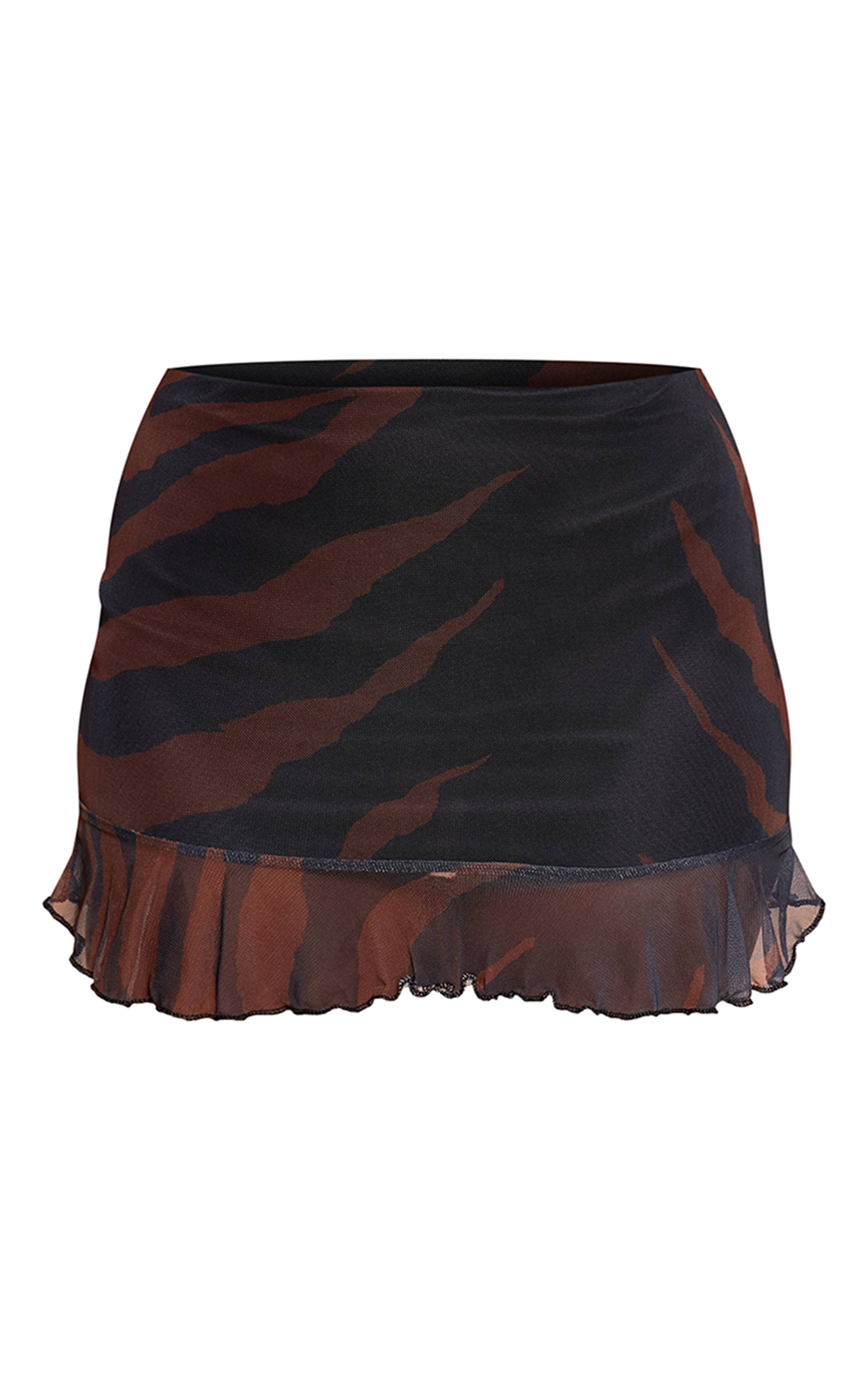 Noir Ensemble Jupe Mini En Mesh À Imprimé Abstrait Avec Ourlet À Volants