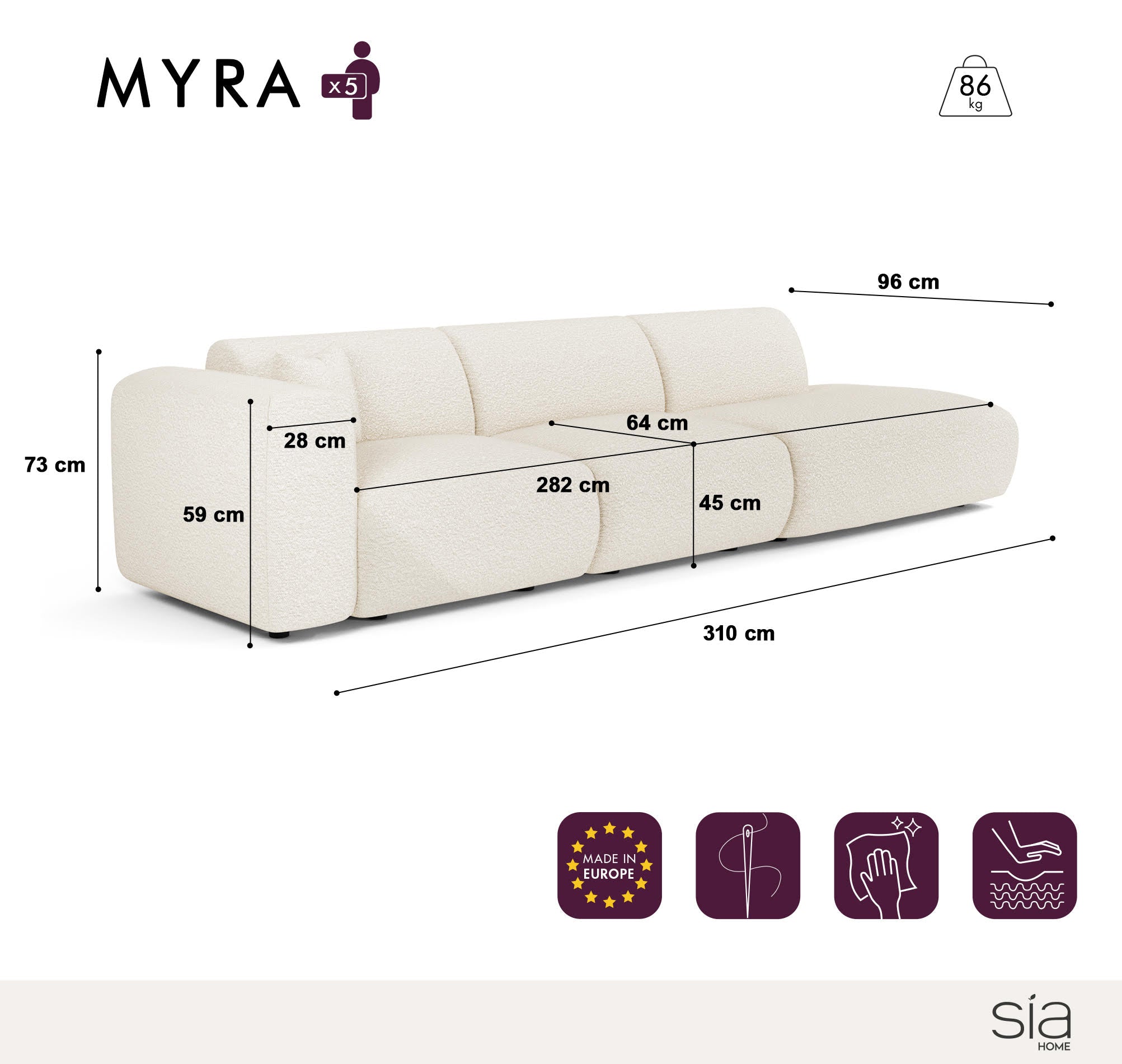 Rechte bank MYRA 5 personen Geweven stof Beige
