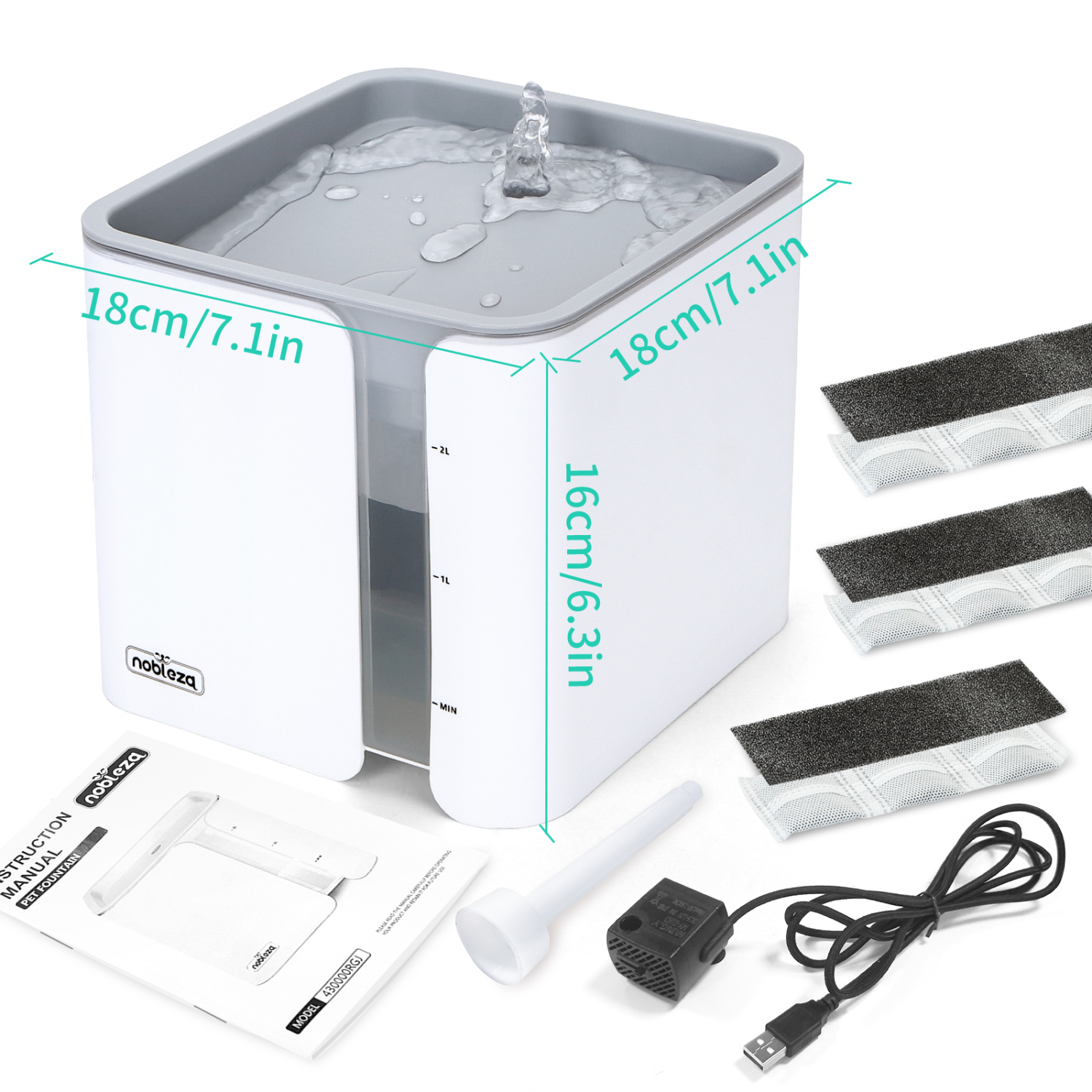 Nobleza - Fonte Silenciosa para Gatos, Dispensador de Água Automático para Cães com 3 Filtros de Carvão Ativado, 2,0 L