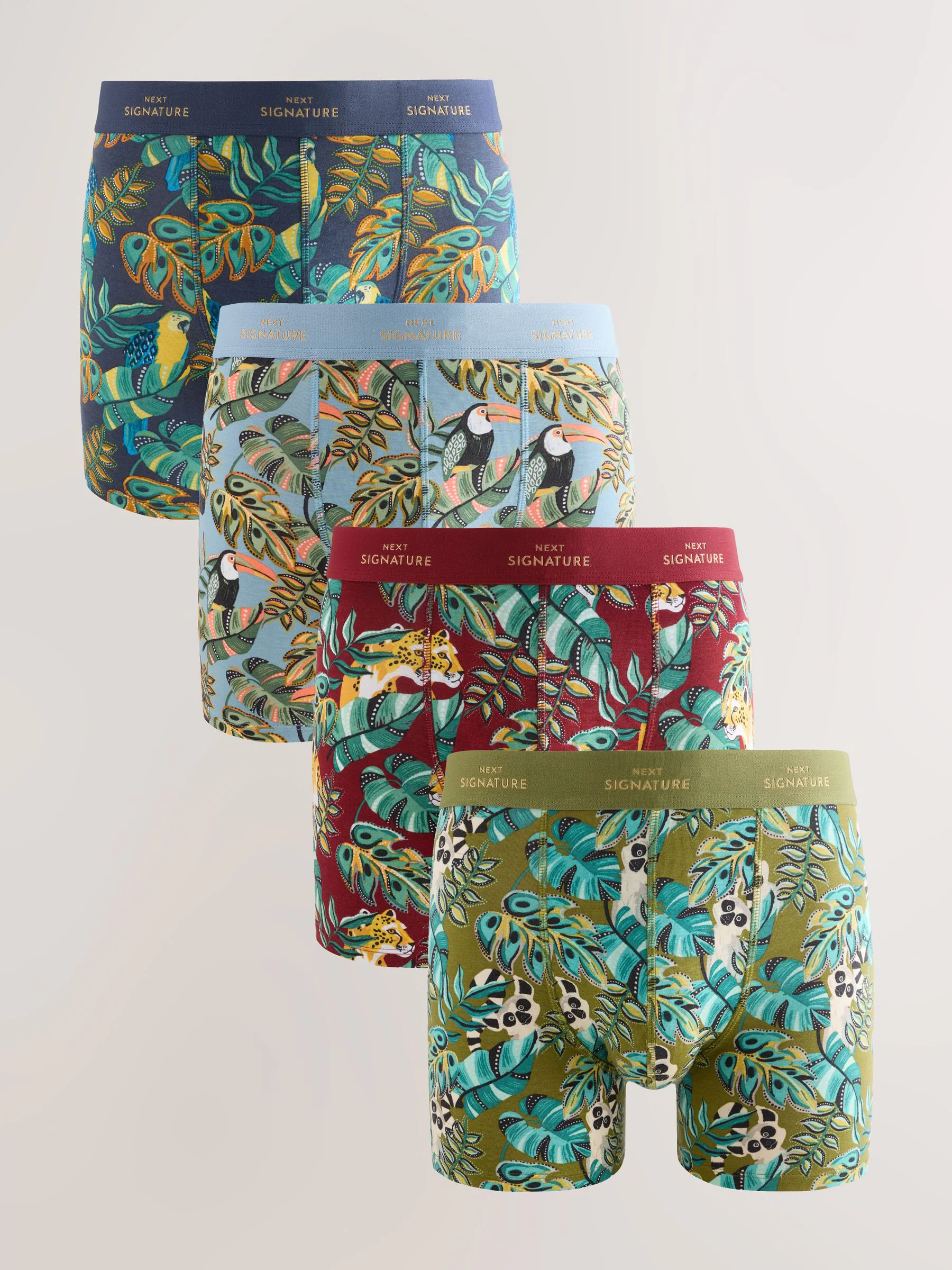 Groen/blauwe blad- en dierenprint - Signature katoenrijke boxershorts verpakking van 4