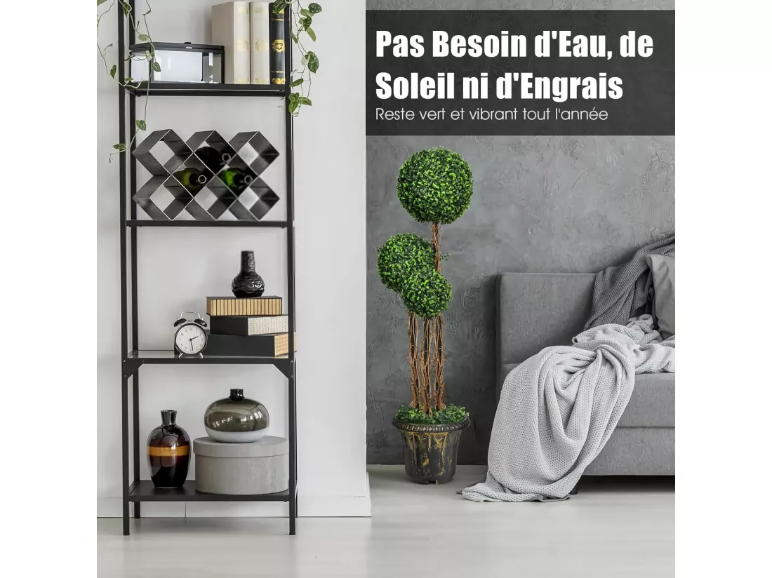 Arbre Artificiel Arbuste avec Feuilles à l'aspect Authentique 115 CM, Fausse Plante 3 Boules en Pot avec Rotin et fibre naturelle Véritable Résistance aux UV et l'eau Décoration pour Salon Balcon