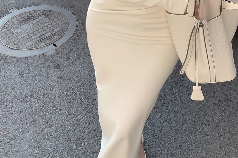 Secolo - Lange mouwen, blote schouders, effen geribbelde bodycon midi-jurk