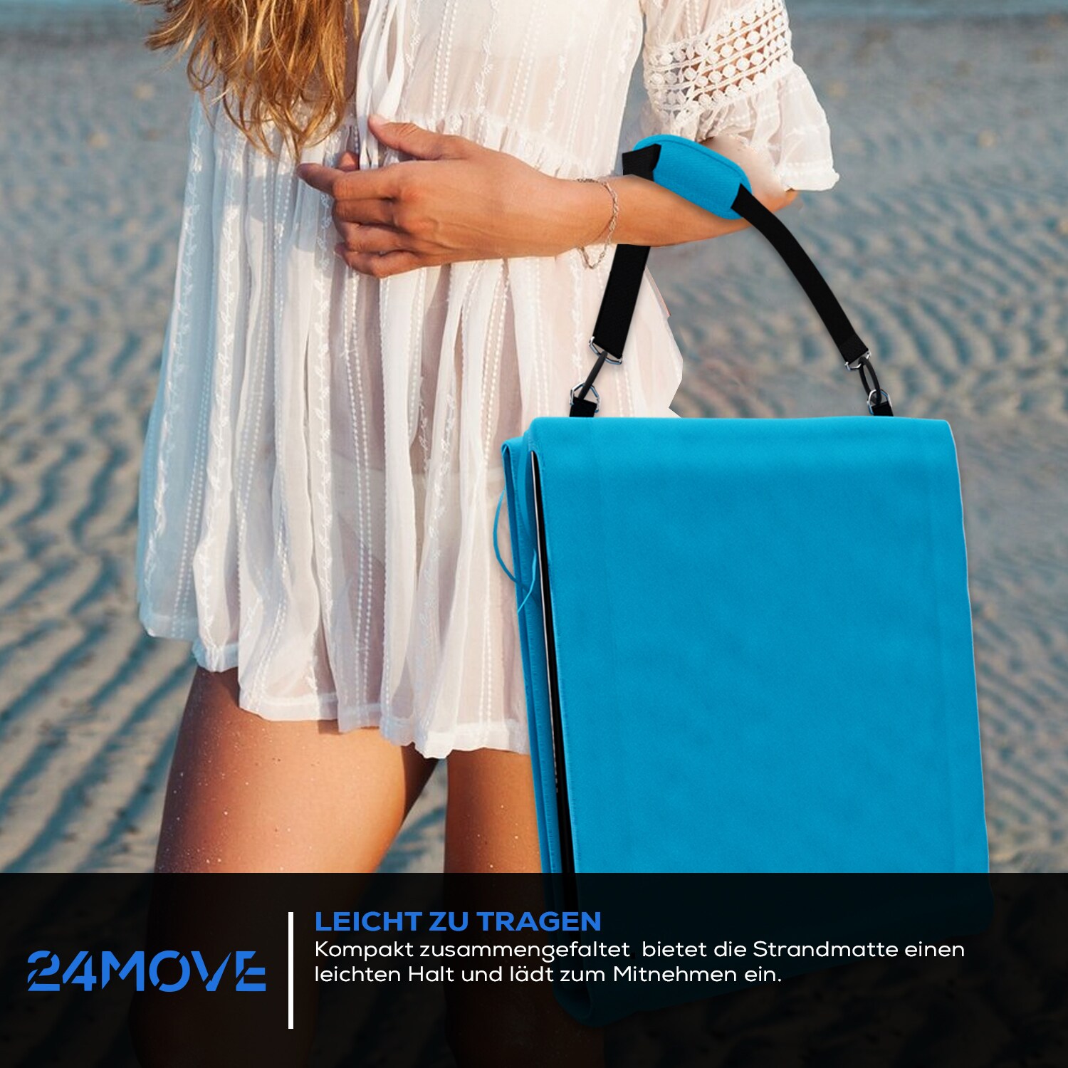 24MOVE® Strandmatte 2er Set klappbar mit Rückenlehne, Strandliege mit Gurt, tragbar für Strand und Garten, Liegematte blau