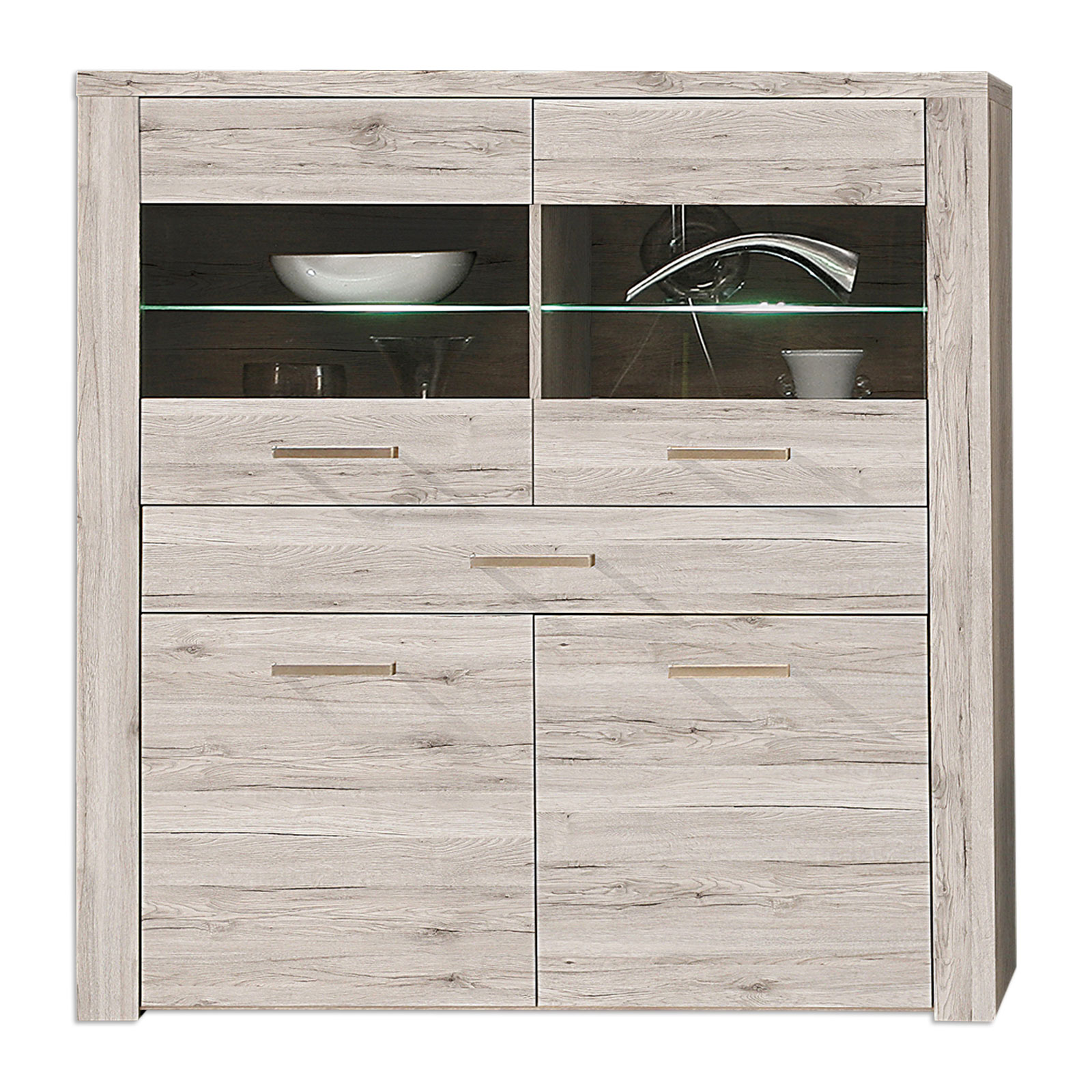 4-teiliges Wohnwand-Set - Sandeiche - Vitrine