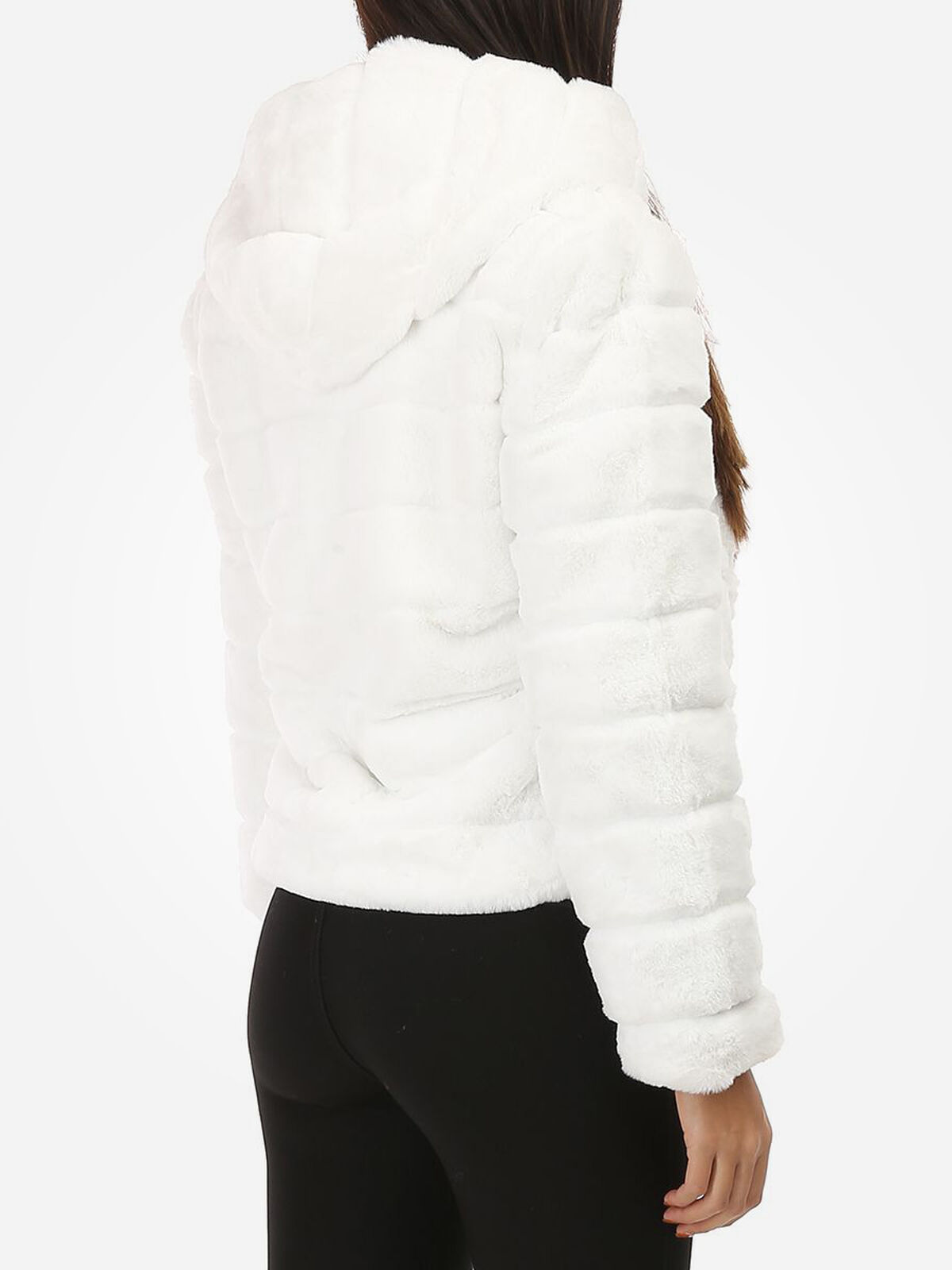 Manteau court à fausse fourrure et capuche- Blanc