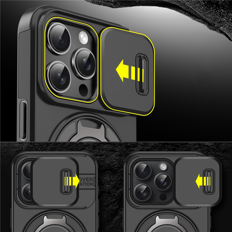 iPhone 16 Pro Max Hybrid Outdoor Hardcase Hülle mit Cam-Slider   Magnetischer Kickstand - Schwarz