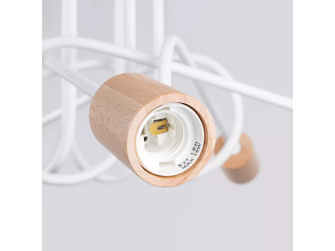 Lustre Ember minimaliste en acier/bois - 5 sources lumineuses - L.15 x H.26 cm - blanc/bois naturel