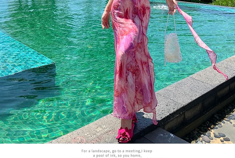 Moanum - Spaghettibandjes V-hals tie-dye ruche zoom maxi A-lijn jurk
