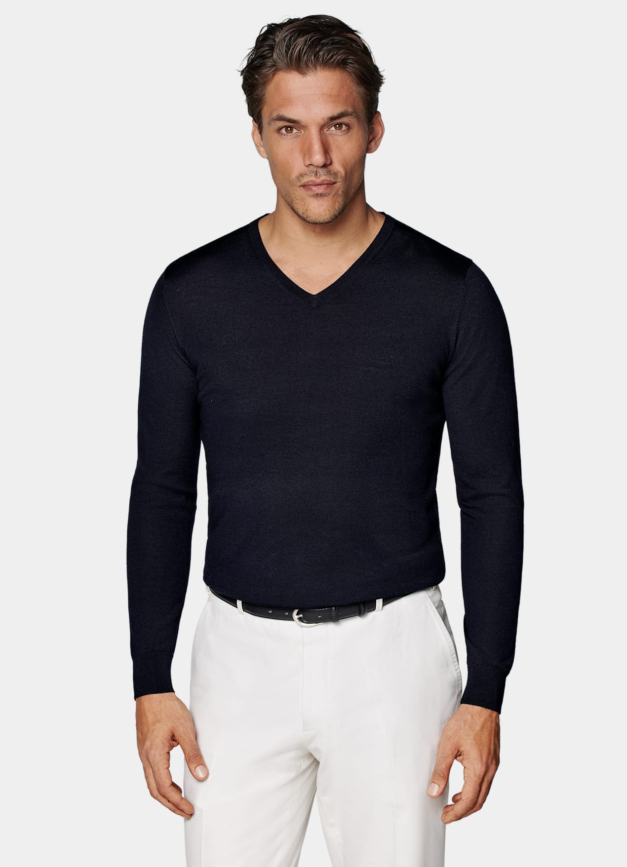 Pull col V Merino bleu marine
