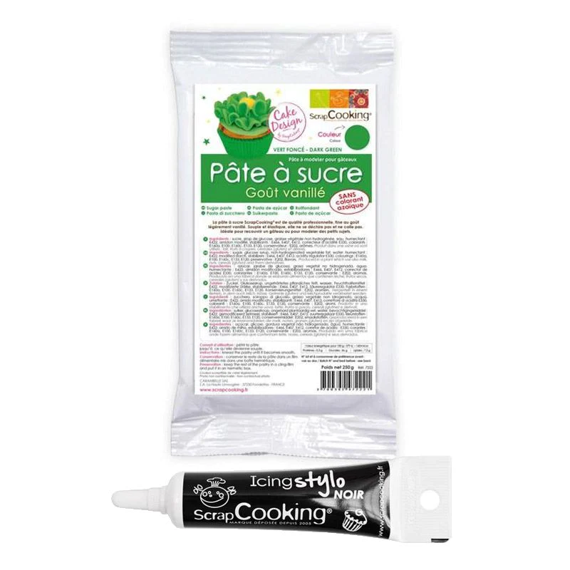 Pâte à sucre verte 250 g + Stylo de glaçage noir Scrapcooking