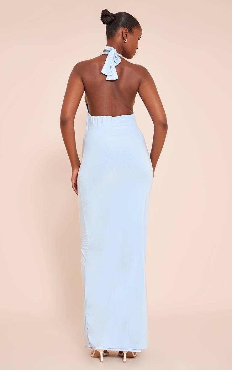 Bleu Robe Longue Dos Nu À Double Couche En Tissu Slinky