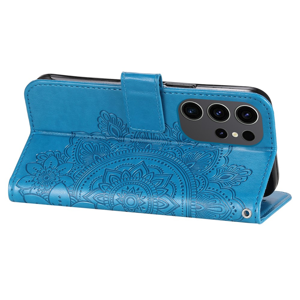 Samsung Galaxy S24 Ultra Leder Tasche Wallet - Mandala Flower Imprint - Blau