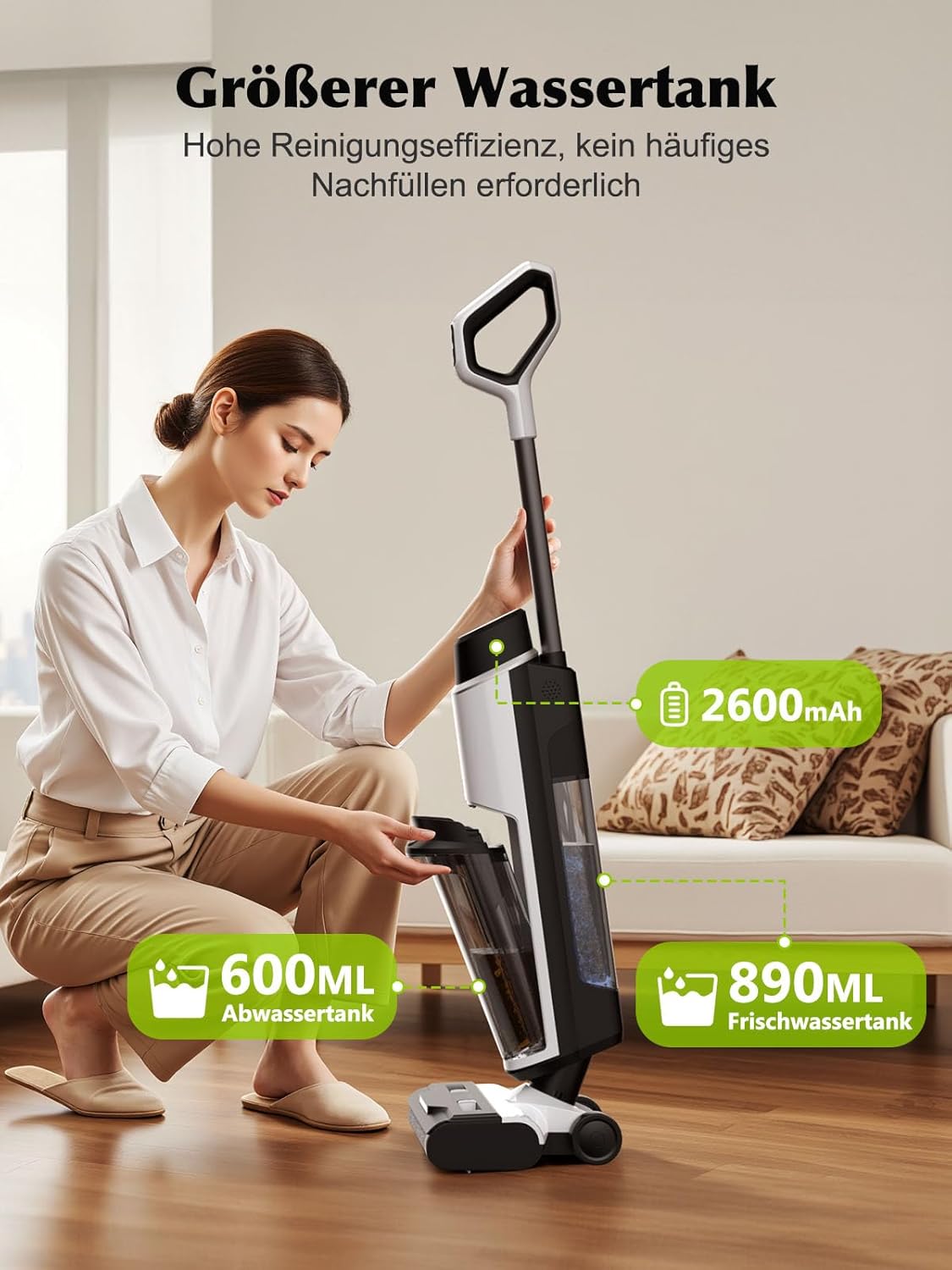 Nass Trockensauger Akku, 20.000 Pa kabelloser All-in-One Staubsauger mit wischfunktion, Sprachausgabefunktion, 890ml Dual-Wassertanks, Kantenreinigung