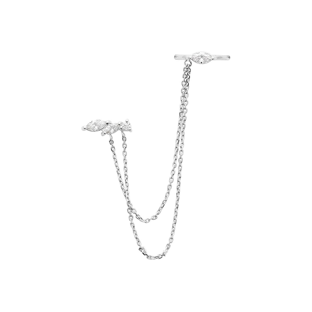 Clip d'oreille earcuff oxydes de zirconium 2 chainettes pendantes Argent 925 Rhodié