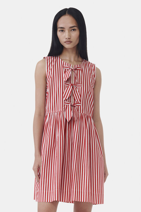 Ganni Stripe Cotton Mini Bow Tie Dress Barbados cherry