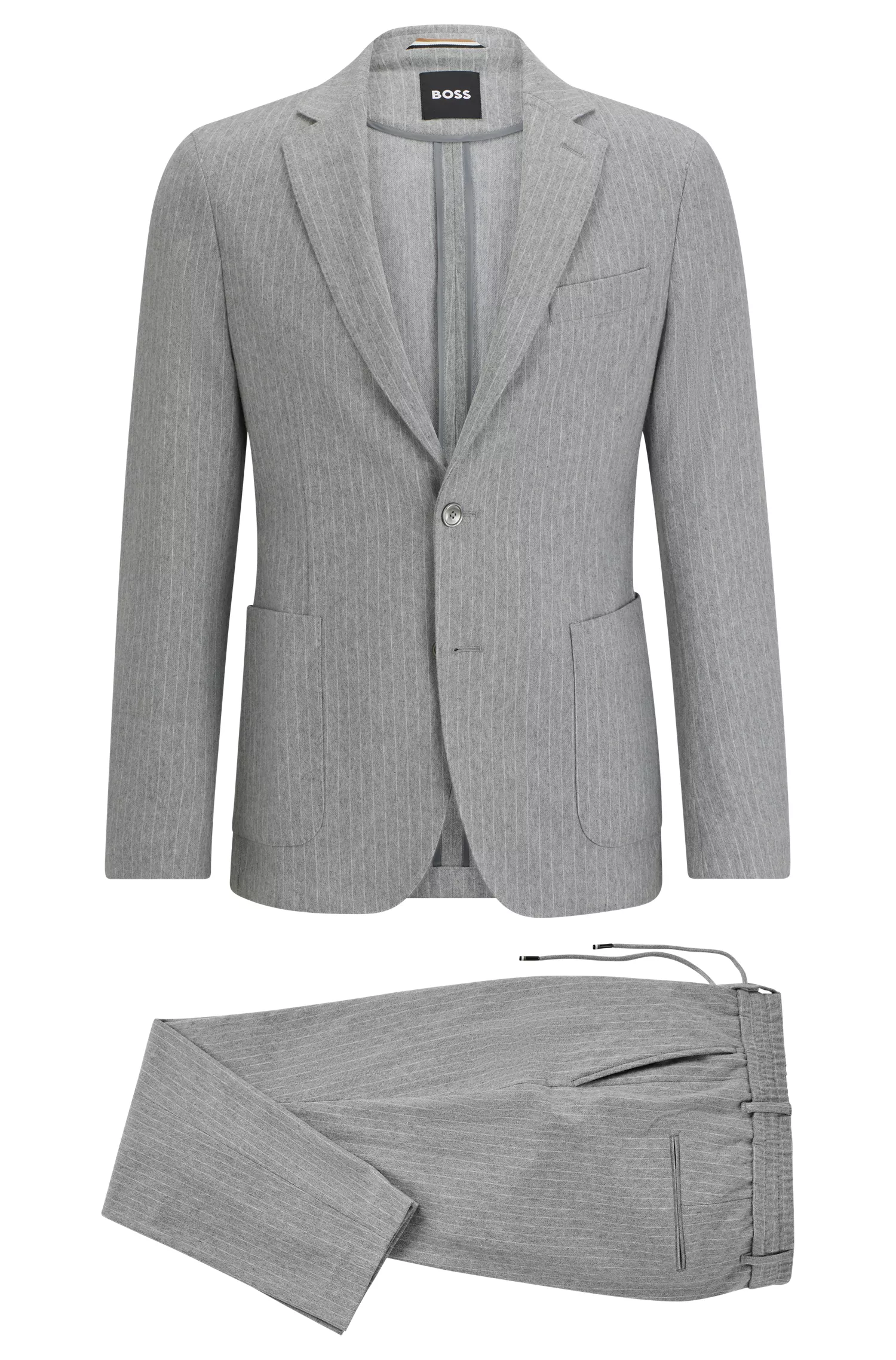 Terno BOSS preto slim fit em algodão elástico listrado.