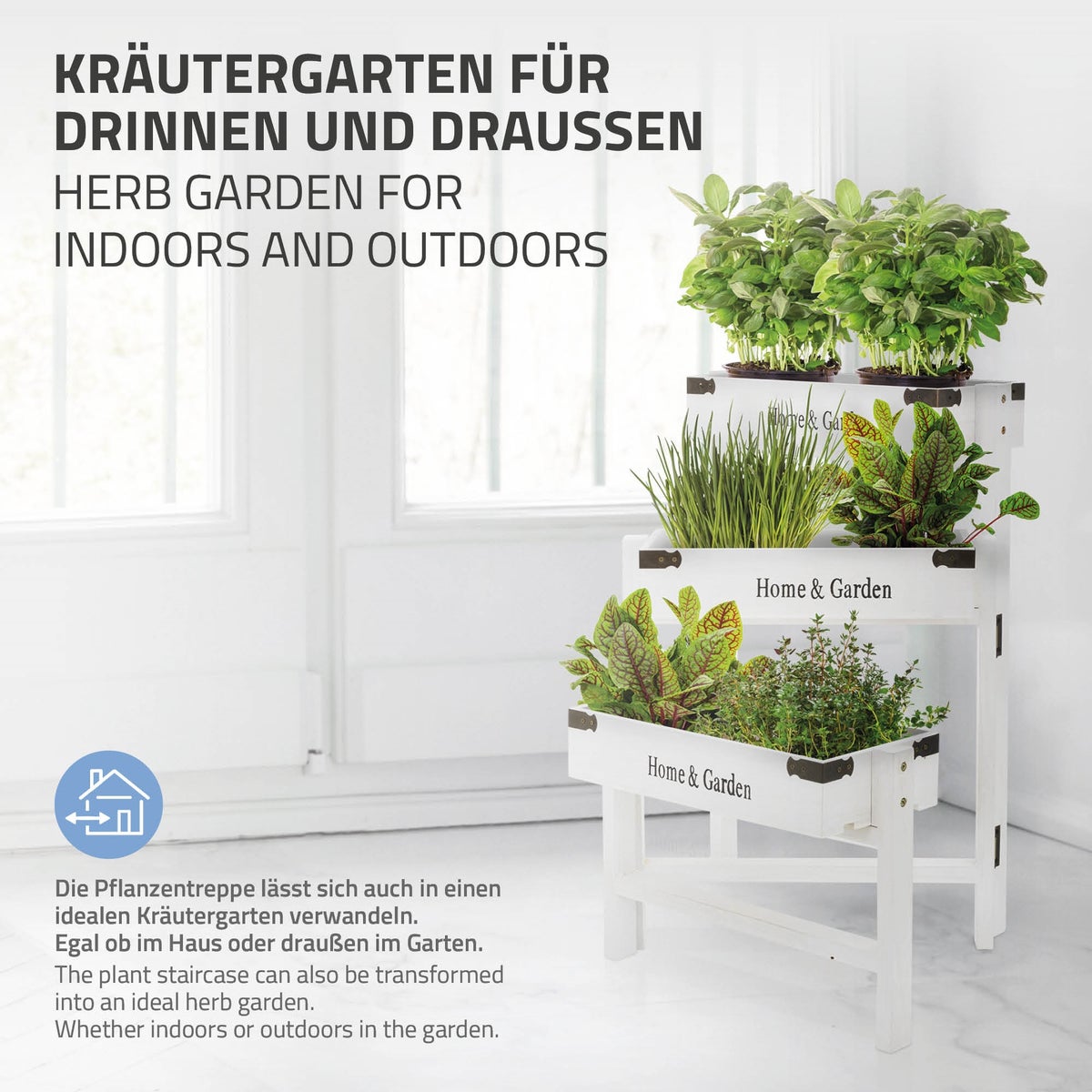 ML-Design 3-laags bloemenstandaard, wit hout, 111 cm, bloembak 32 x 16 x 7 cm, opvouwbaar, rustieke decoratieve bakken, plantenstandaard, bloemenladder, decoratieve plantenplank, plantenstandaard, plantenpot