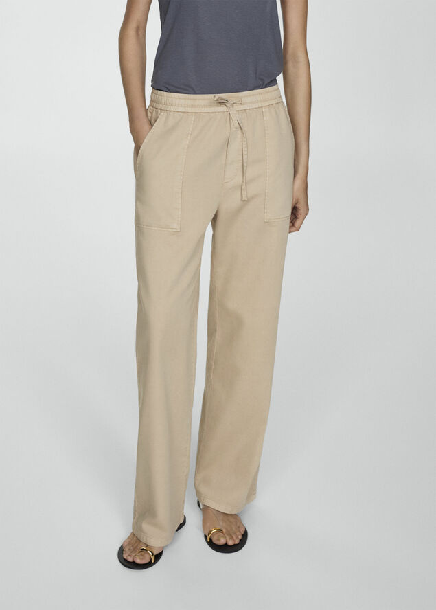 MANGO Elastic waist cotton trousers Lt pastel brown