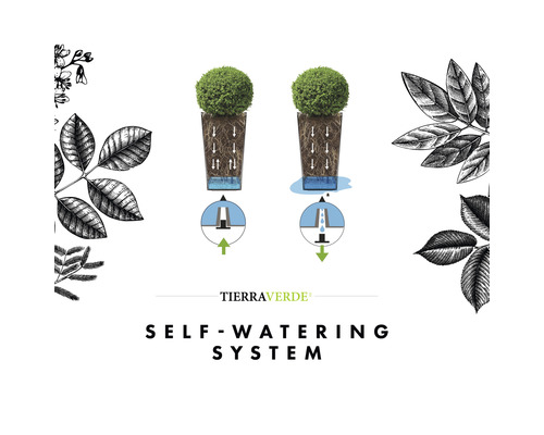 Plantenvaas van gerecycled rubber, 26x26x50 cm, zwart, inclusief zelfbewateringssysteem.