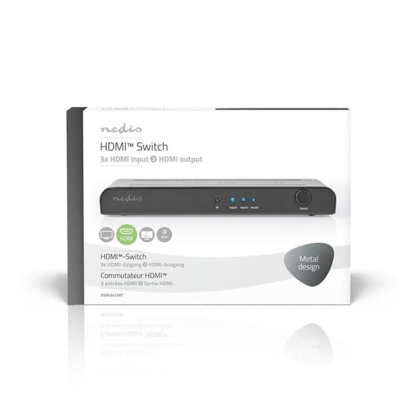 Nedis HDMI ™ Switch | 3-Port port(s) | 3x HDMI™ Inngang | 1x HDMI ™ -utgang | 4K@60Hz | 18 Gbps | Fjernstyrtkontrolert | Metall | Antrasitt