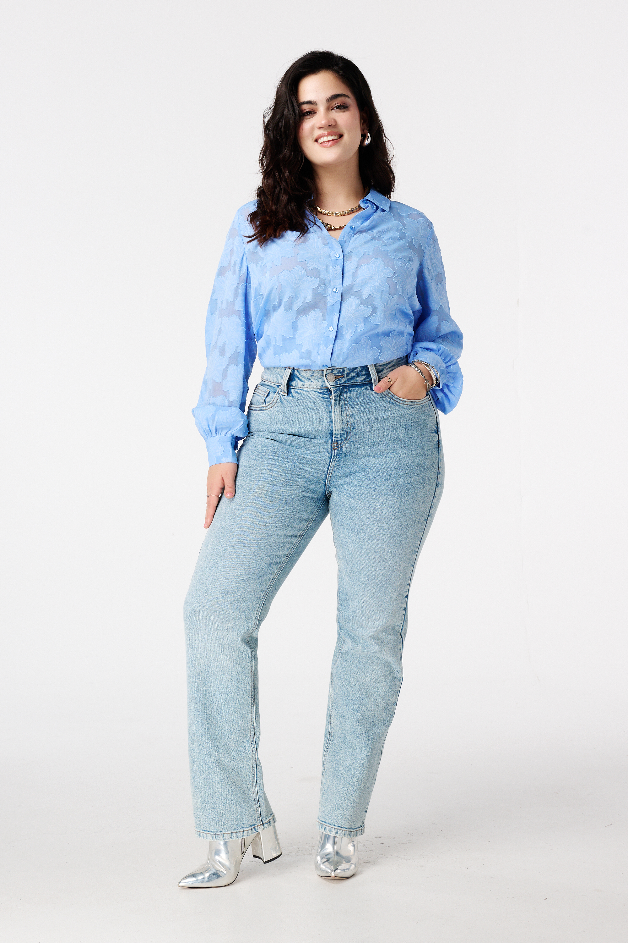 Sheer blouse met bloemen structuur blauw
