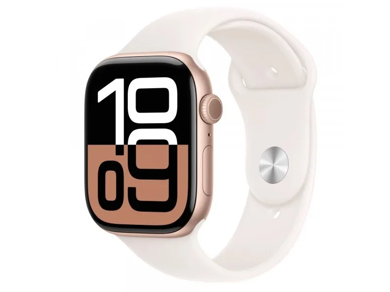 Apple Watch Series 10 (GPS) - 46 mm - roseguldaluminium - smart ur med sportsbånd - fluoroelastomer - lyserød - båndstørrelse: M/L - 64 GB - Wi-Fi 4, UWB, Bluetooth - 36.4 g