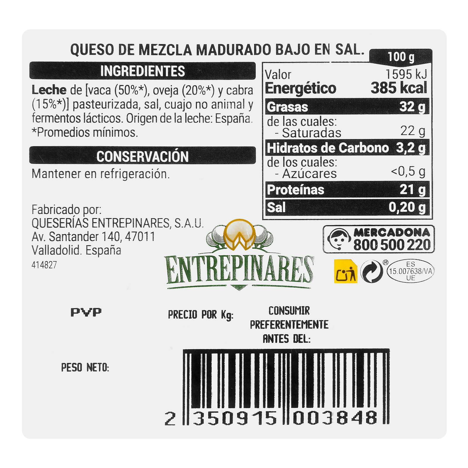 Fromage à pâte molle mélangé à faible teneur en sel Hacendado