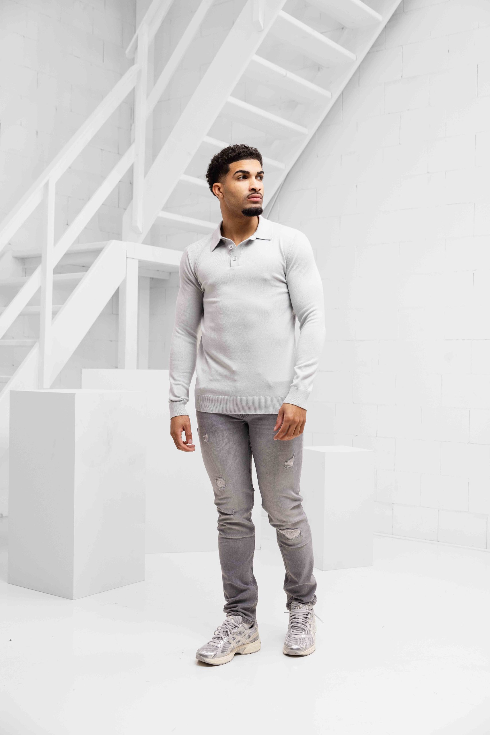 Malelions Knitted Longsleeve Polo Heren Lichtgrijs