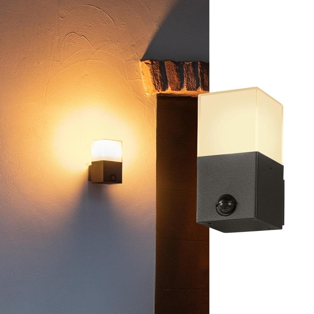 Wandlamp grafiet in antraciet, E27, IP44 met bewegingsmelder, vierkant