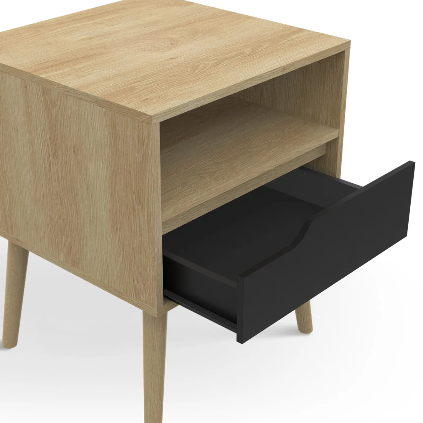 Lot de 2 tables de chevet HELSINKI scandinaves 1 tiroir avec niche effet hêtre et noir
