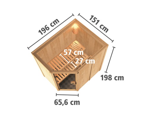 Plug & Play Sauna Karibu Laja zonder kachel, zonder dakrand, met grafietkleurige volledig glazen deur